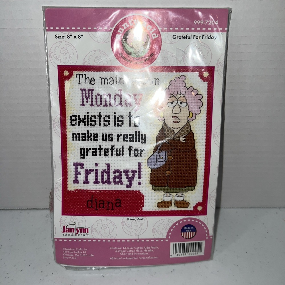 Janlynn Aunty Acid GRATEFUL FOR FRIDAY Counted Cross Stitch Kit 8" x 8"